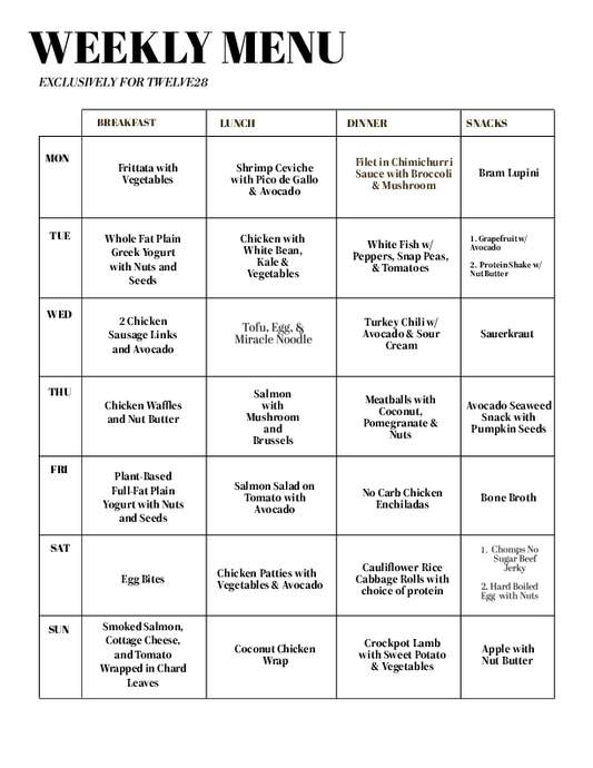 Twelve28 Sample Menu