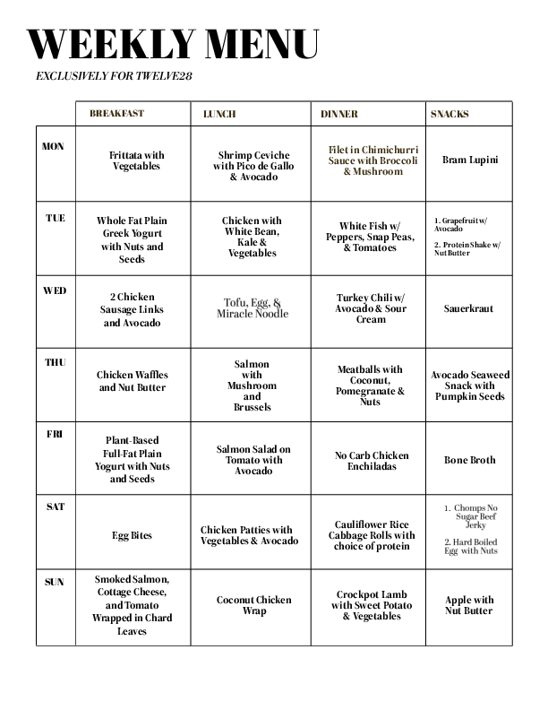 Twelve28 Sample Menu